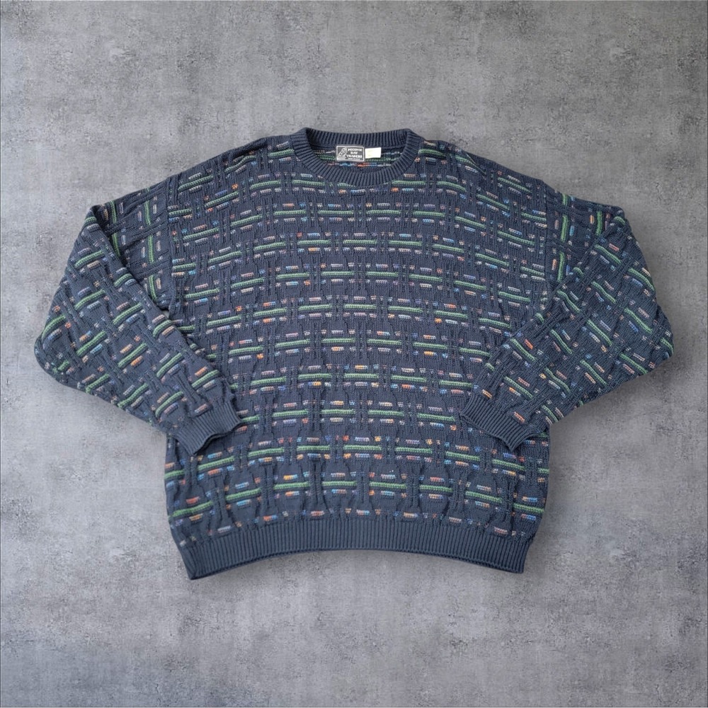 Vintage Peconic Bay Traders Sweater Siz Large Navy Blue Grid Knit Multicolor 90s